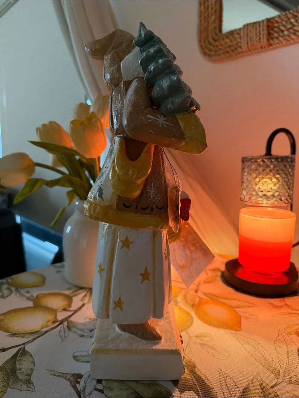 House of Hatten Solstice White & Gold Santa Holding Tree Figurine (collectible)